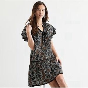 52seven Women's L Short Sleeve Floral Shift Dress Black Brown NEW